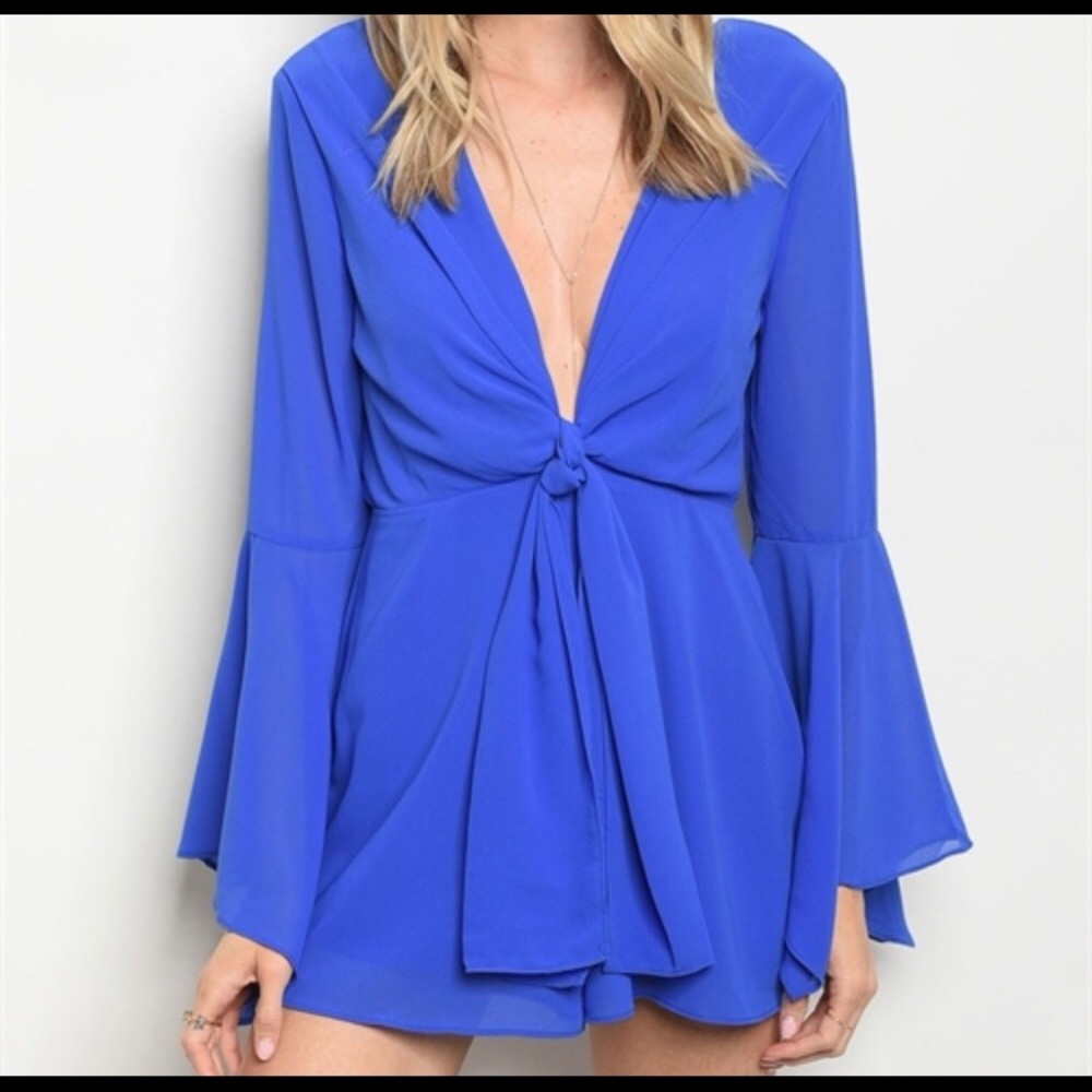 Royal blue bell sleeve romper with waist tie